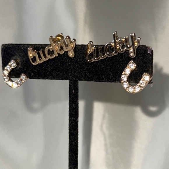 Gold Script 'Lucky' and Rhinestone Horseshoe Earrings 2 Pair - Picture 1 of 12